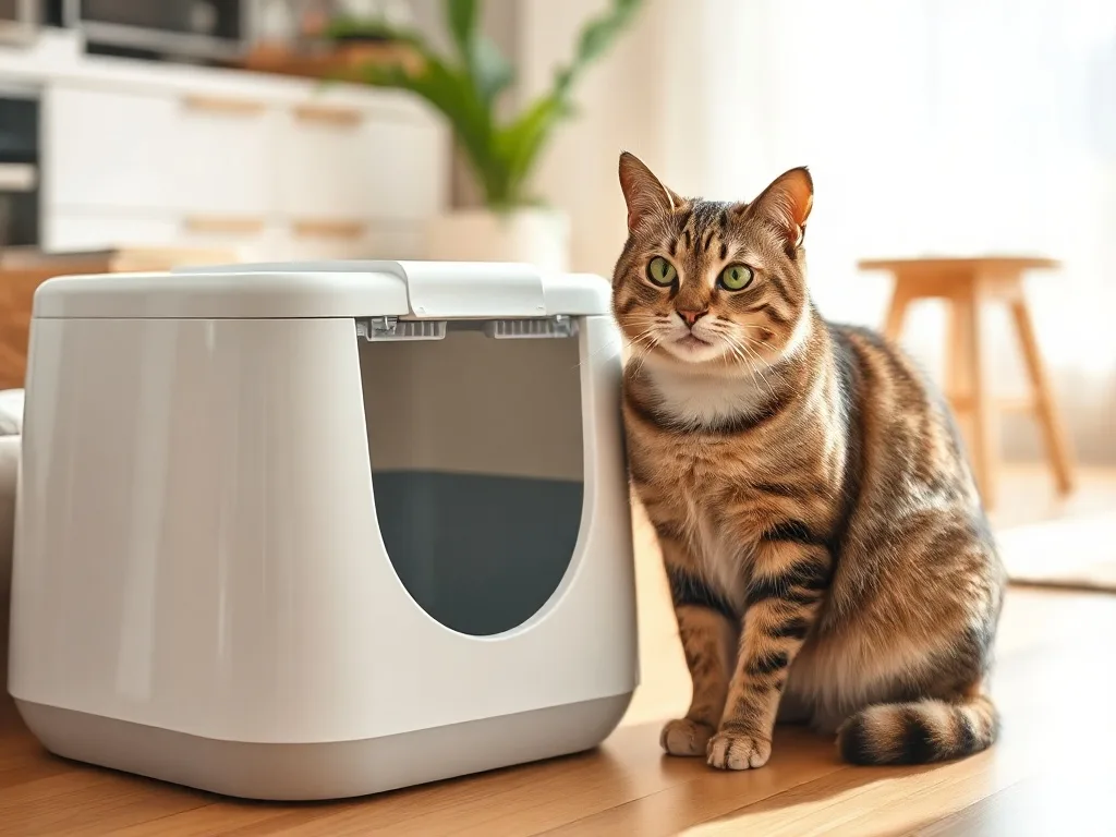 Modern otomatik kedi tuvaleti ve kedi